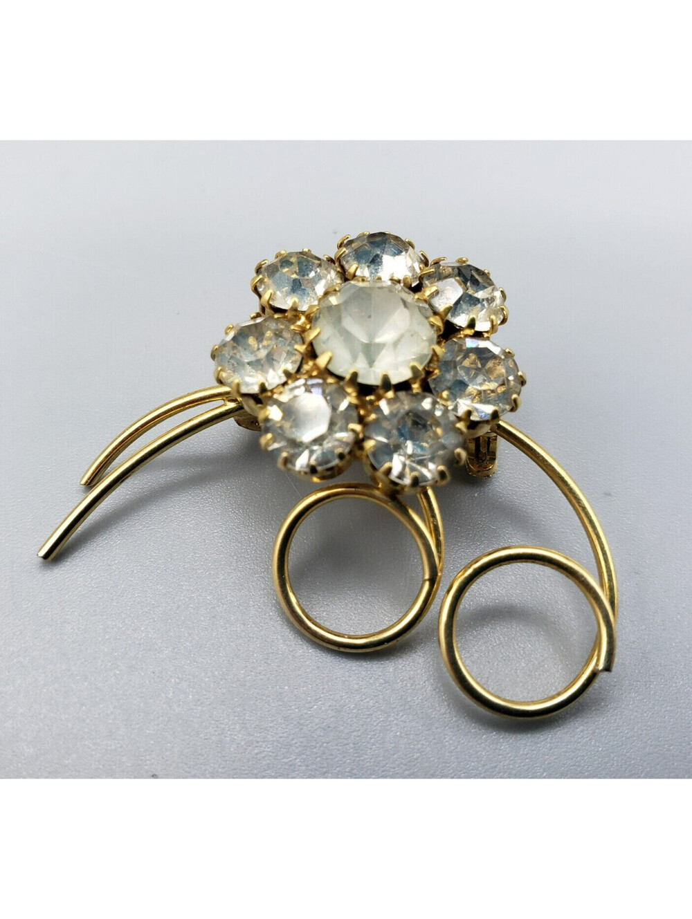 Vintage Clear Rhinestone Flower Brooch Prong Set Pin Costume Daisy Petite